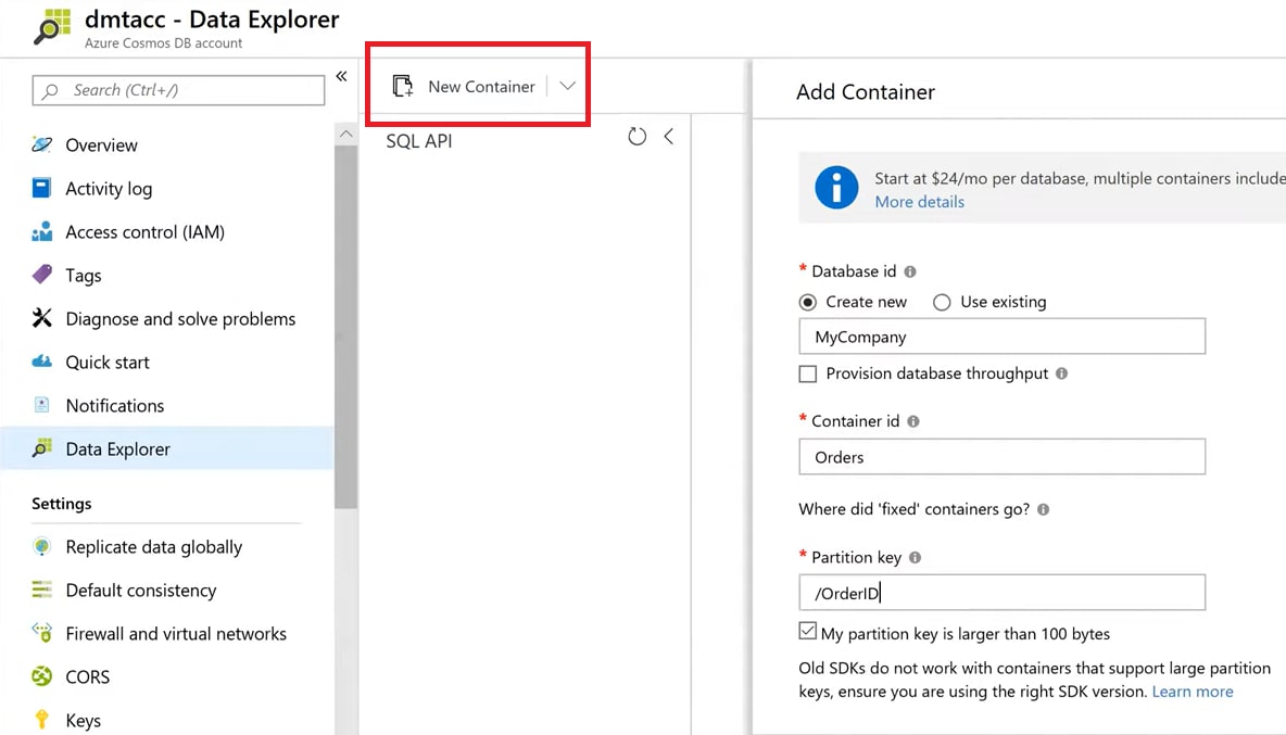 DynamoDB Azure - New CosmosDB Container